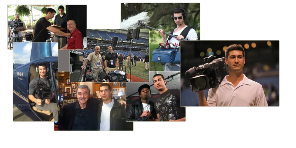 Collage of photographer Joe Giannotti on location with broadcast cameras